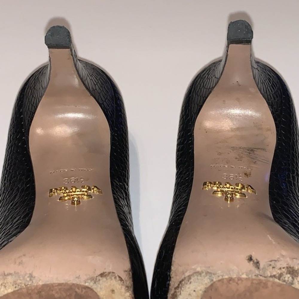 Vtg Prada Sz 36.5 Black Crocodile Embossed Leather Peep Toe Platform Pumps Heels - Picture 16 of 16